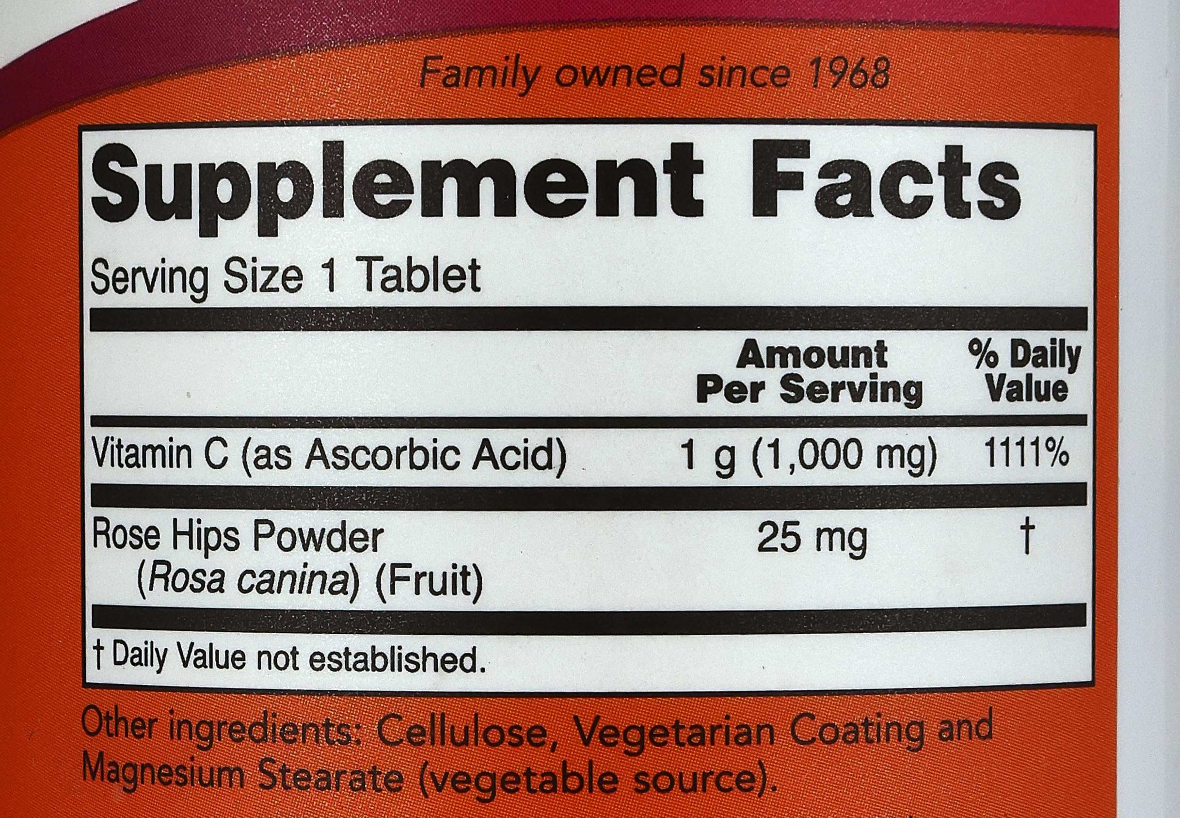NOW Supplements label with Supplement Facts showing Vitamin C 1 g 1000 mg and rose hips powder 25 mg Vitamin C 1000mg tablets UAE