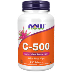 NOW C 500 white bottle with purple cap 250 count vitamin C 500mg tablets with rose hips label