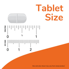 NOW vitamin C 500mg tablets size image showing white scored tablet next to inch and millimeter rulers