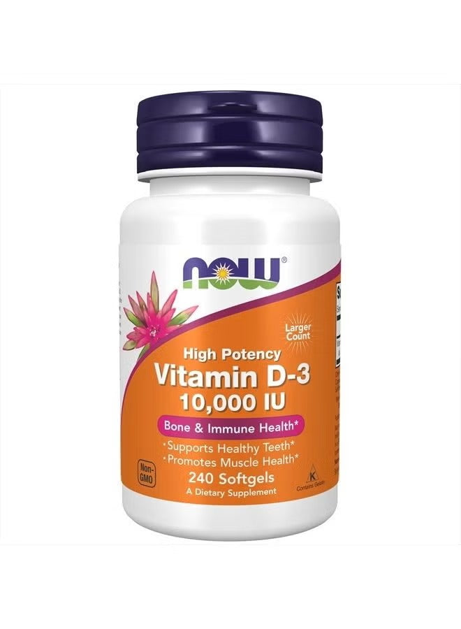 NOW Vitamin D3 10000 IU supplements UAE in a bottle of 240 softgels for bone and immune health