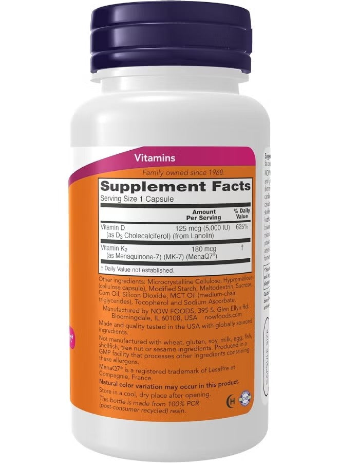 NOW Foods Vitamin D3 and K2 supplement UAE in a bottle with supplement facts label and serving size information