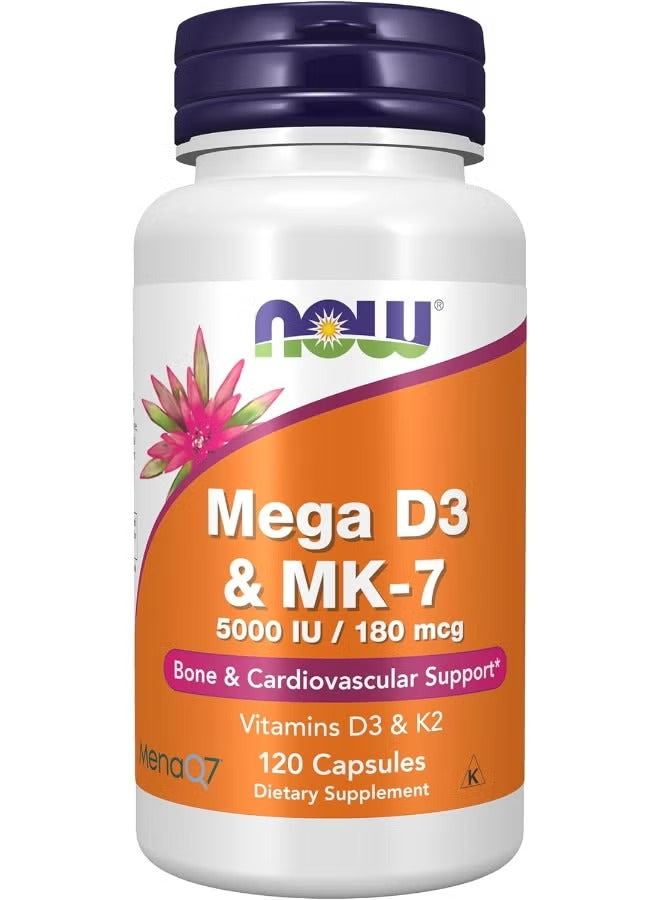 NOW Foods Mega D3 and MK-7 Vitamin D3 and K2 supplement UAE for bone and cardiovascular support in 120 capsules