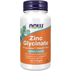 NOW Zinc Glycinate 120 softgels bottle with immune support label and pumpkin seed oil zinc glycinate softgels 30 mg