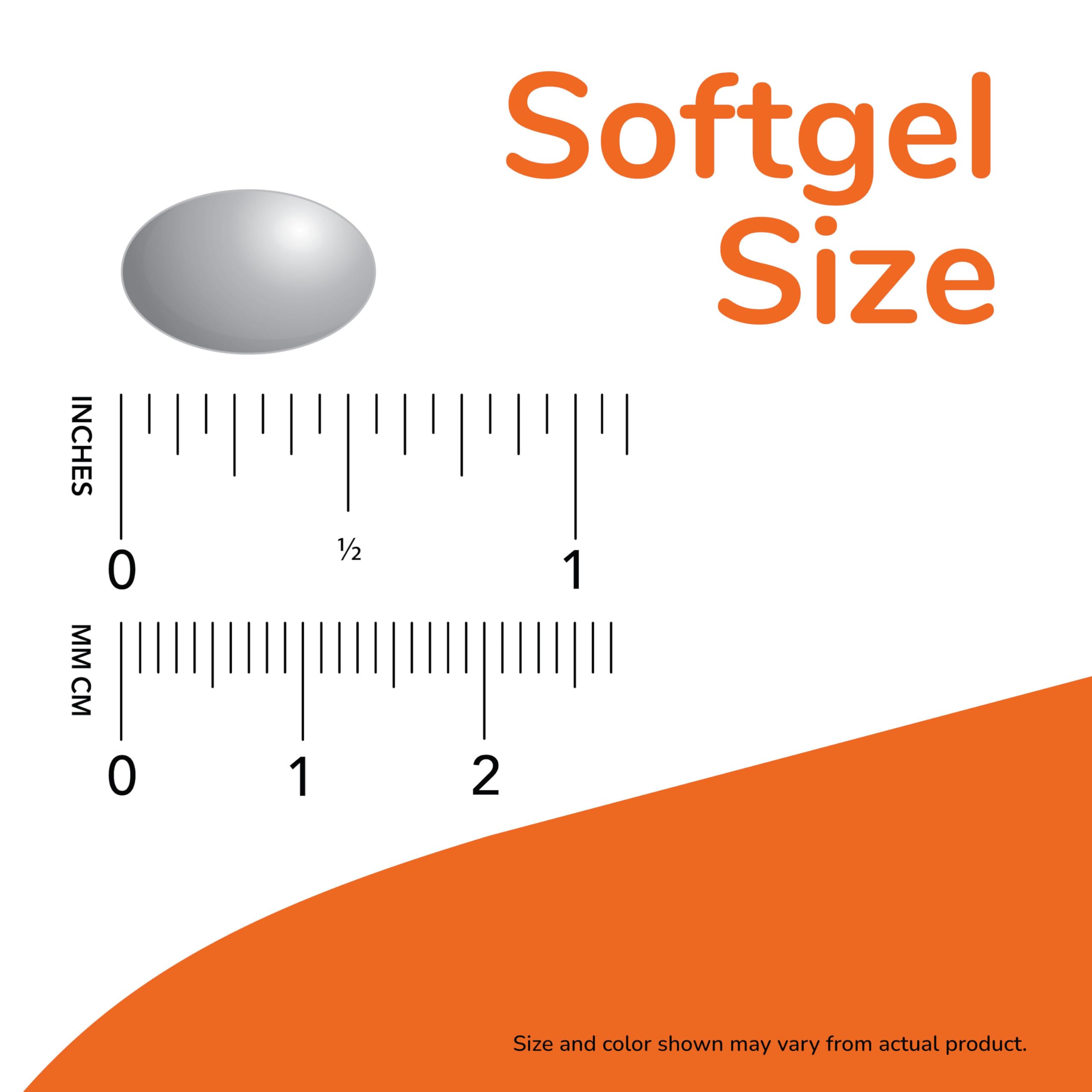 NOW zinc glycinate softgels 30 mg silver oval softgel next to inch and mm rulers showing softgel size