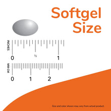 Softgel size guide graphic with oval softgel and inches/centimeters scale