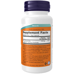NOW white bottle with purple cap showing supplement facts label for Zinc Picolinate 50mg supplement 1 veg capsule