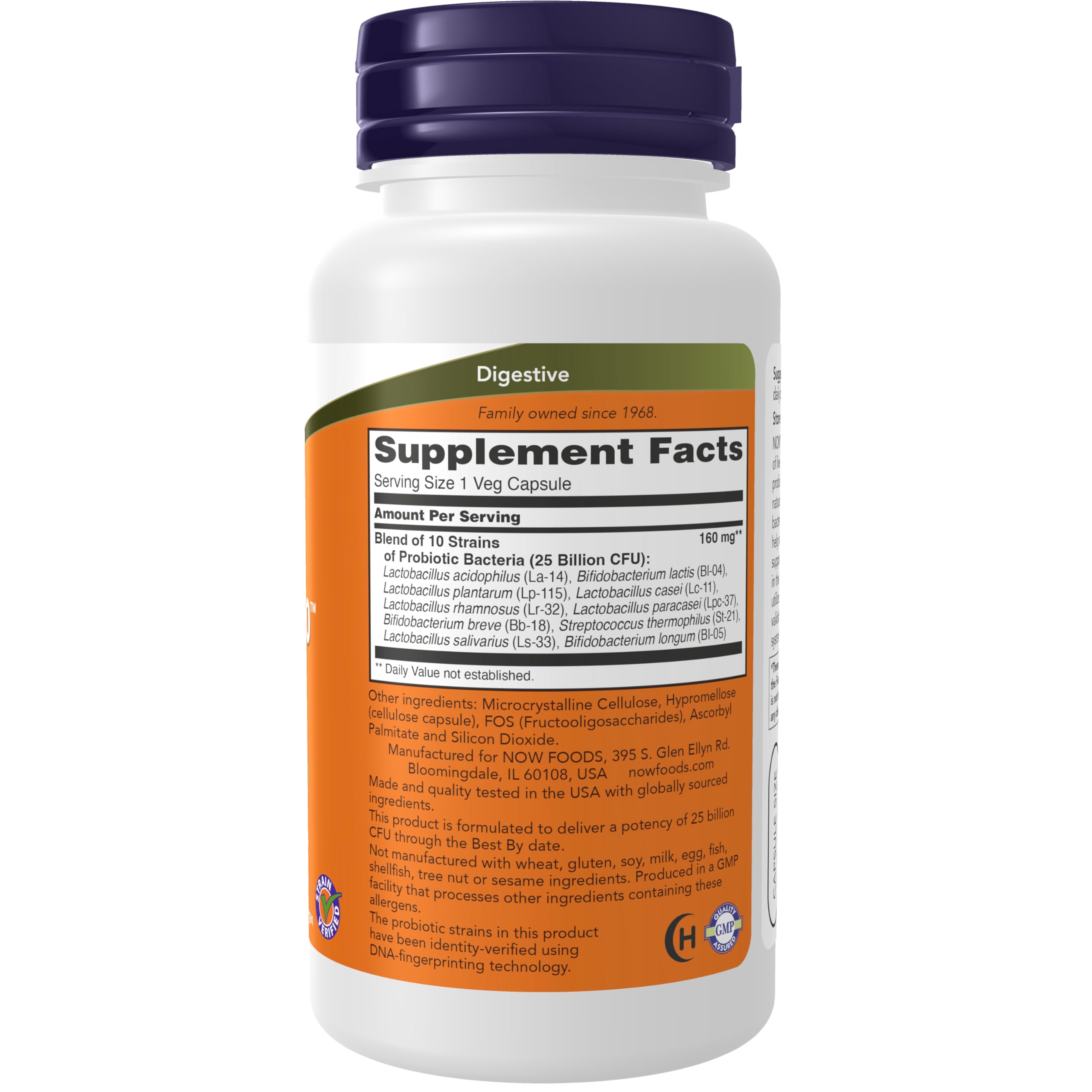 Bottle of Now Foods Probiotic 10 25 Billion capsules with Supplement Facts label and purple cap