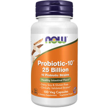 Probiotic-10 supplement bottle with orange label and dark cap, 100 veg capsules