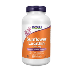 Now Foods sunflower lecithin softgels bottle 1200 mg 200 softgels white bottle with orange label and purple cap