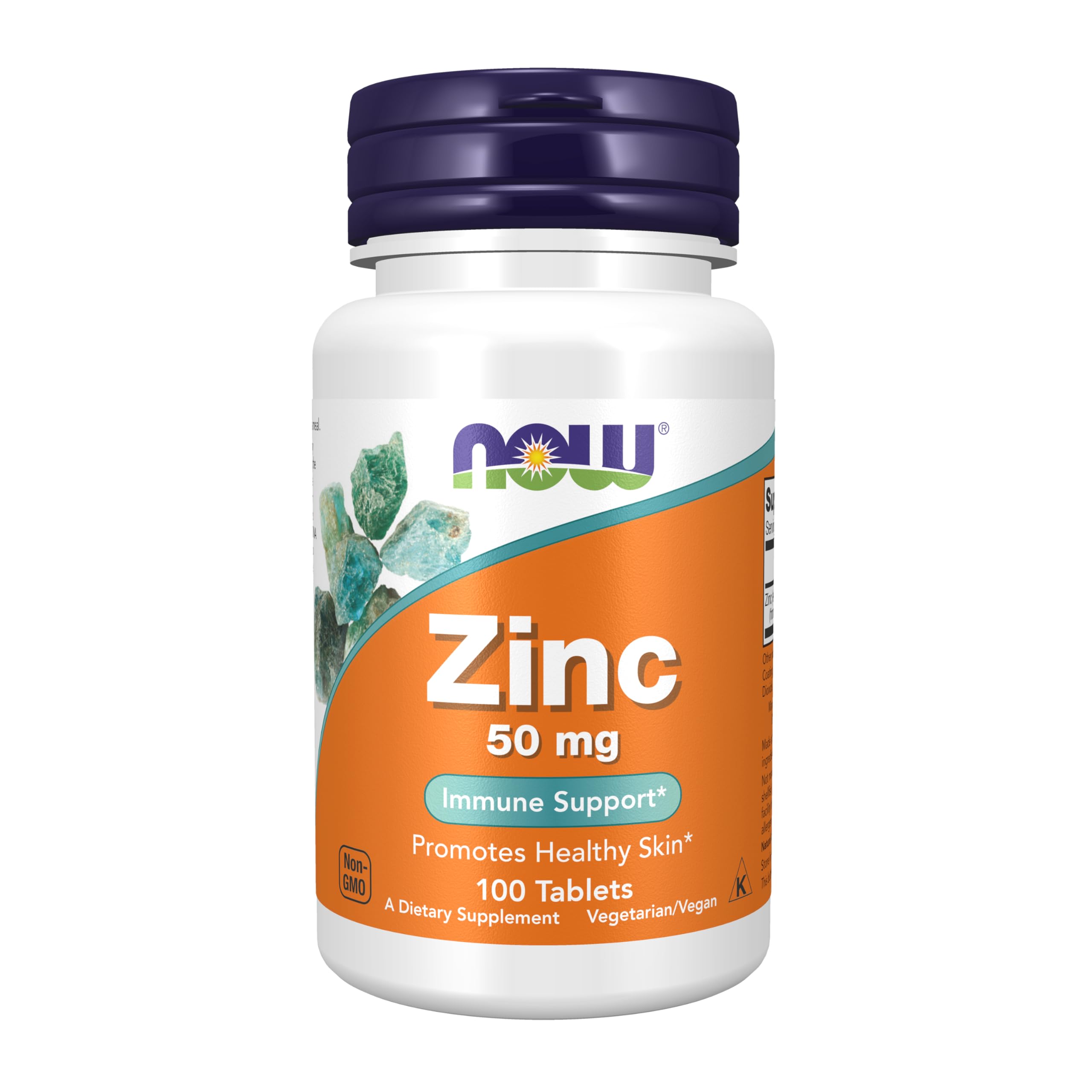 NOW Foods Zinc tablets 50 mg bottle 100 tablets immune support supplement orange label purple cap
