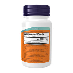 White supplement bottle with purple cap and orange label showing Supplement Facts for NOW Foods Zinc tablets 50 mg zinc
