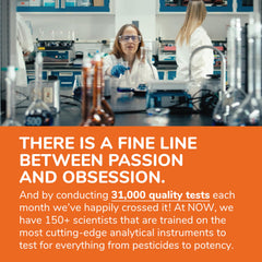 NOW psyllium husk 500mg supplements quality testing lab scene with scientists and orange company message