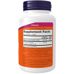 NOW brand white bottle with purple cap showing supplement facts for vitamin C 500mg tablets