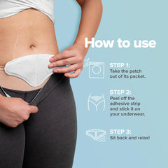Woman attaching adhesive period pain relief heat patches to underwear on lower abdomen with usage steps