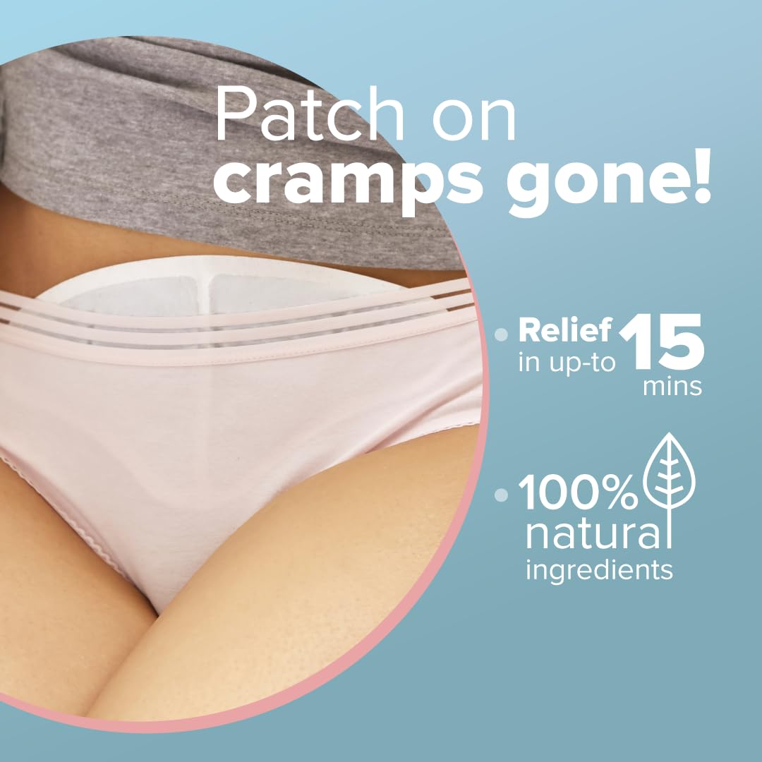 Woman wearing abdominal adhesive patch for menstrual cramps period pain relief heat patches with natural ingredients