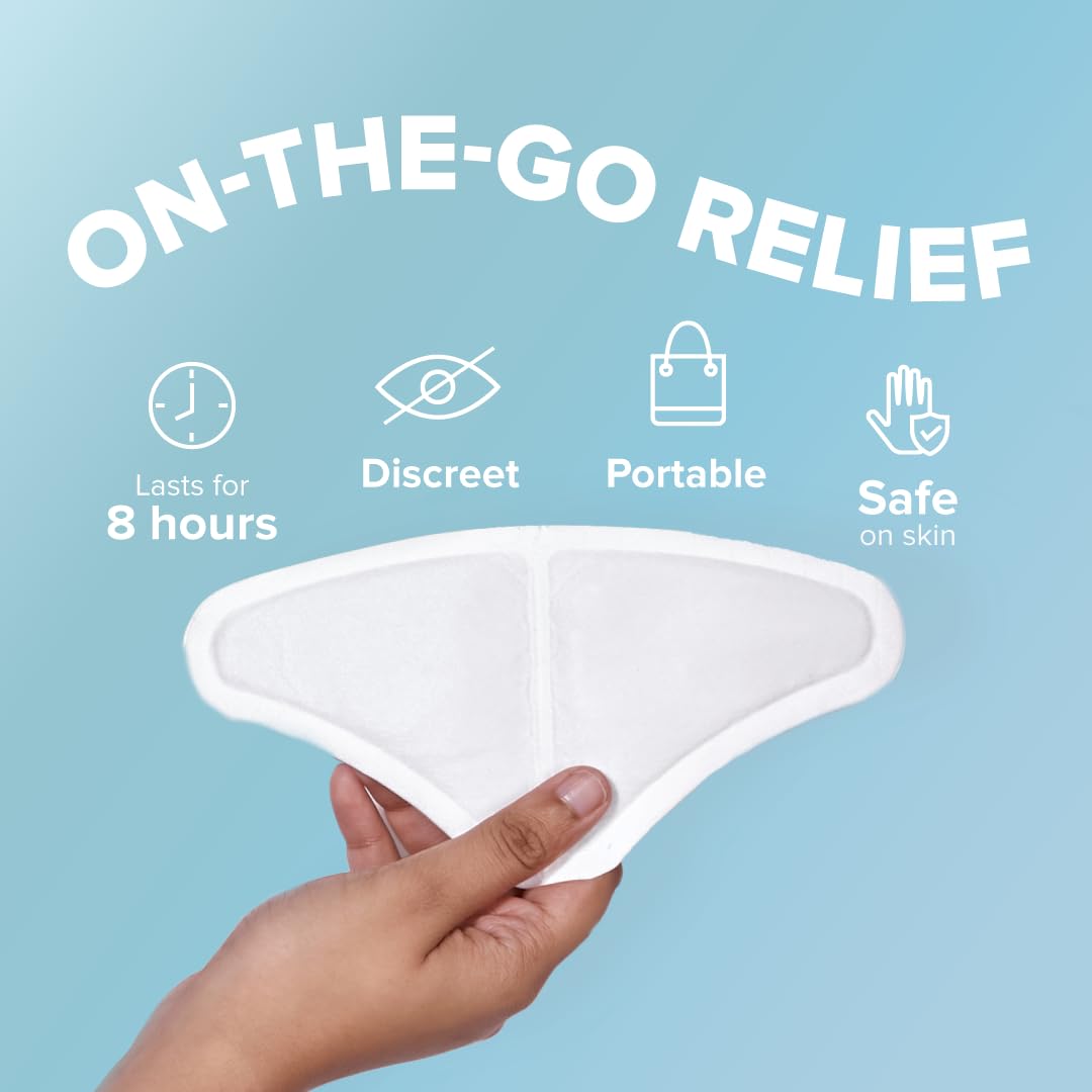 Nua period pain relief heat patches triangular on the go adhesive patch held in hand with icons for 8 hours discreet portable use