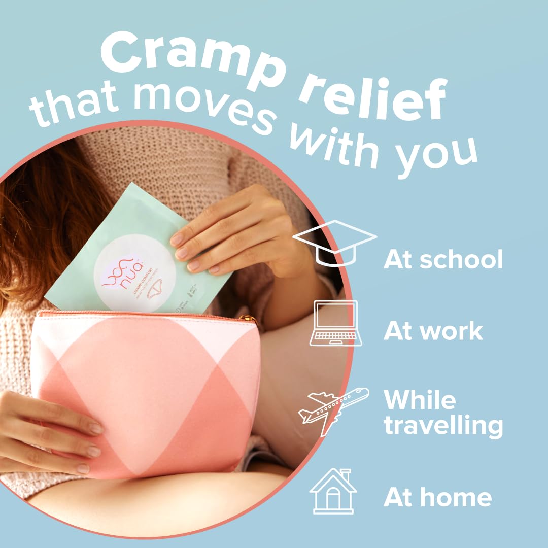 Nua period pain relief heat patches mint sachet placed into pink travel pouch showing use at school work travel home