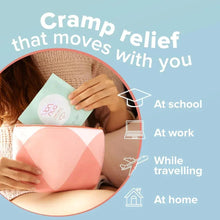 White heat patch held near a person for on-the-go cramp relief