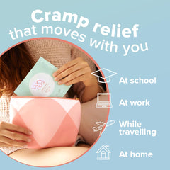 Nua period pain relief heat patches mint sachet placed into pink travel pouch showing use at school work travel home