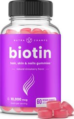 NutraChamps biotin bottle with pink strawberry vegan gummies 60 count natural flavor biotin gummies for hair growth