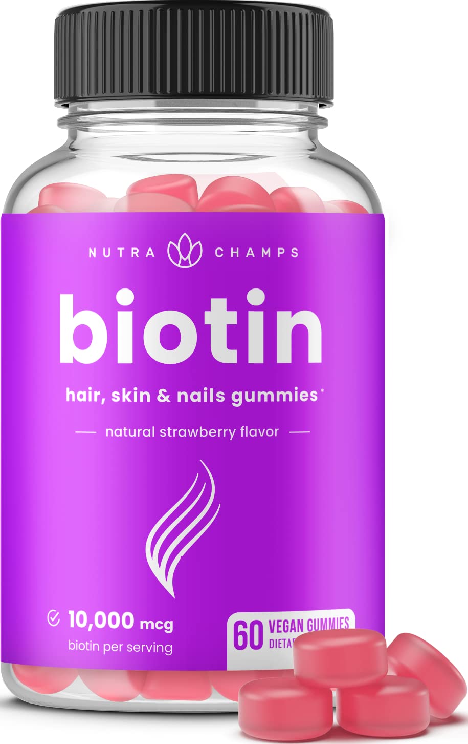 NutraChamps biotin bottle with purple label and strawberry vegan gummies 60 count 10000 mcg biotin gummies for hair growth