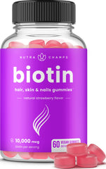 NutraChamps biotin bottle with purple label and strawberry vegan gummies 60 count 10000 mcg biotin gummies for hair growth