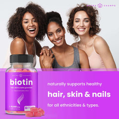 NutraChamps biotin gummies for hair growth bottle with pink gummies and three diverse smiling women