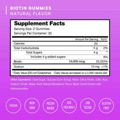 NutraChamps biotin gummies for hair growth supplement facts label showing 10000 mcg biotin per serving and vegan non GMO icons