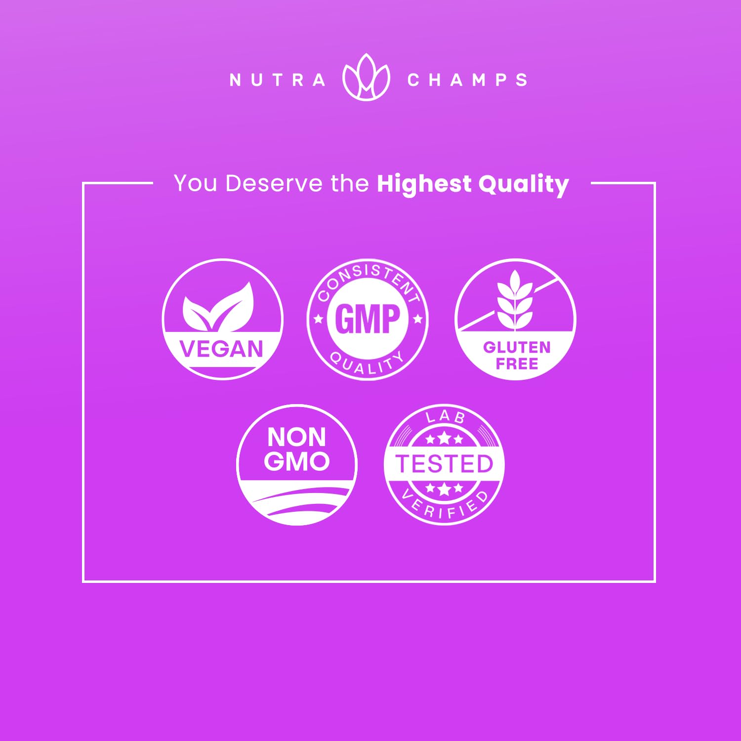 NutraChamps quality badge graphic showing vegan GMP gluten free non GMO lab tested icons for biotin gummies for hair growth
