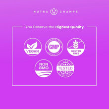 Biotin gummy quality icons: vegan, non-GMO, gluten free, lab tested