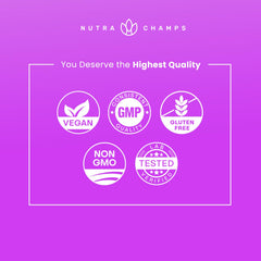 NutraChamps quality badge graphic showing vegan GMP gluten free non GMO lab tested icons for biotin gummies for hair growth