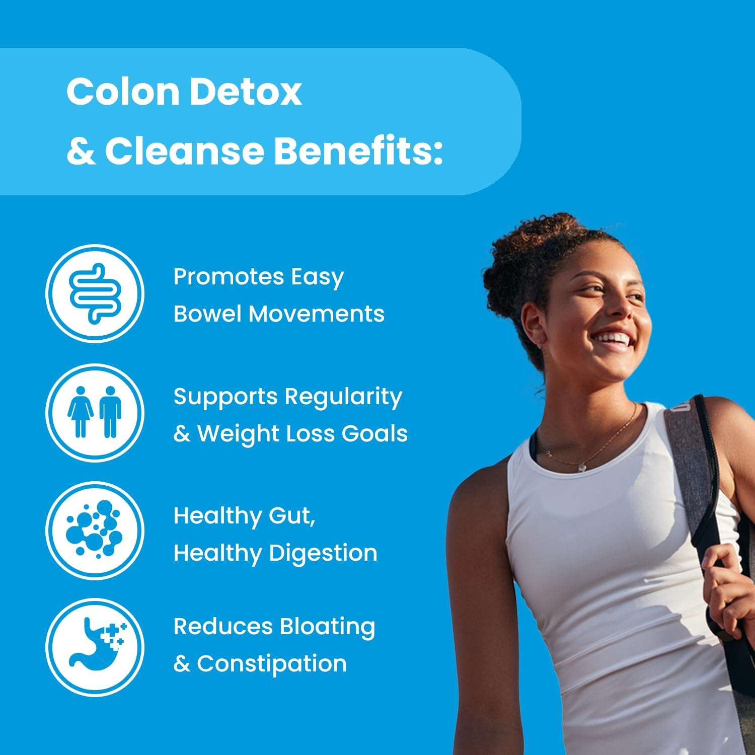 NutraChamps colon cleanse detox capsules ad with smiling woman and benefits list promoting digestion regularity and less bloating