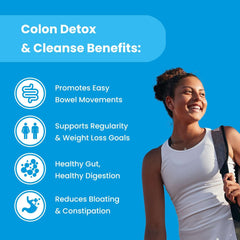 NutraChamps colon cleanse detox capsules ad with smiling woman and benefits list promoting digestion regularity and less bloating