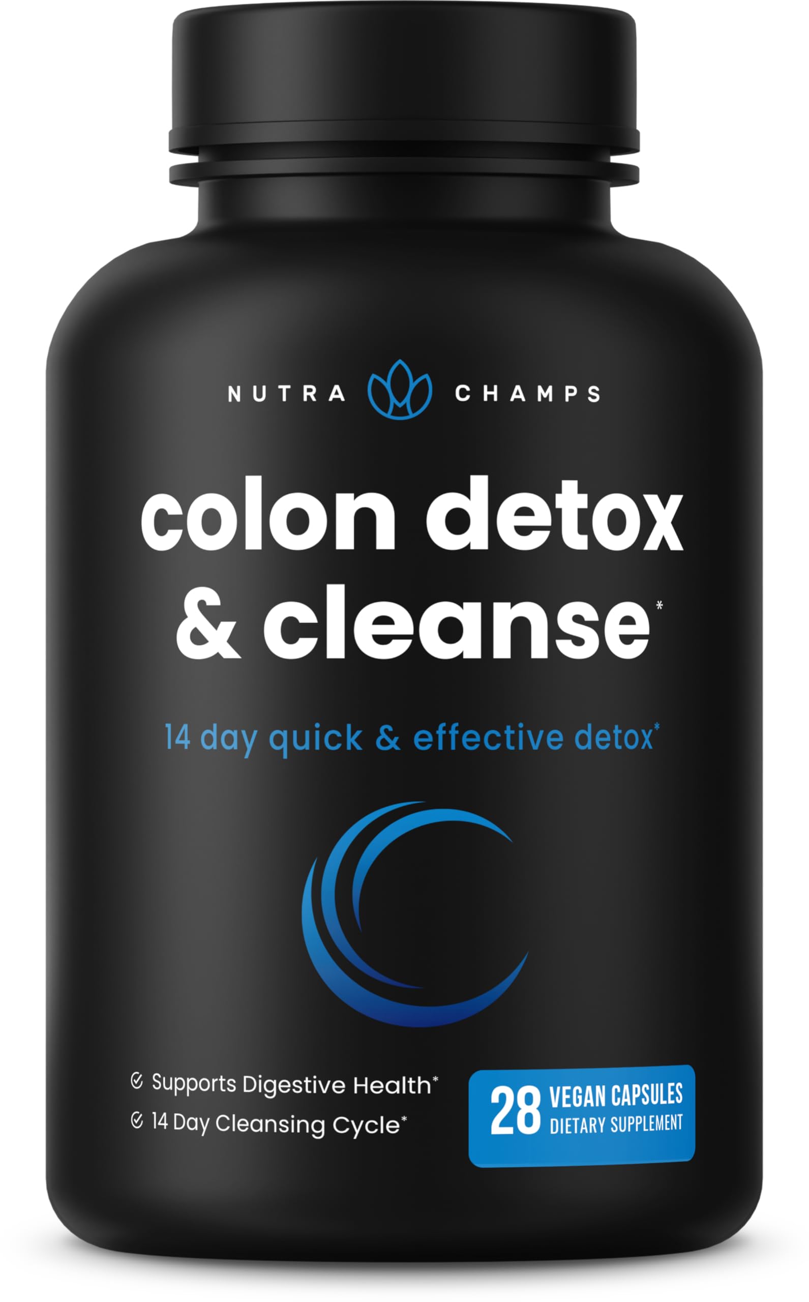 NutraChamps colon cleanse detox capsules black bottle 28 vegan capsules 14 day cleansing cycle