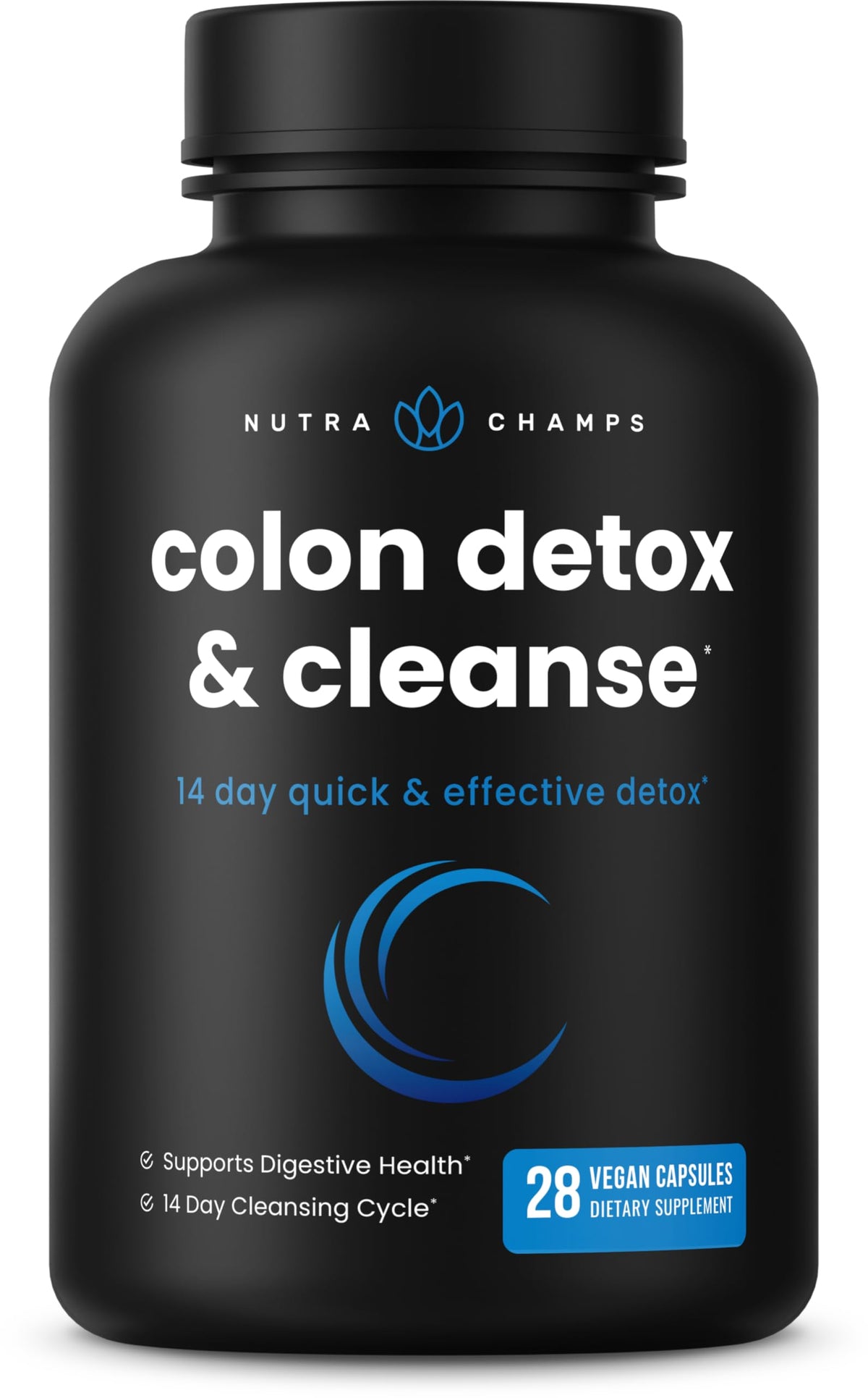 NutraChamps colon cleanse detox capsules black bottle 28 vegan capsules 14 day cleansing cycle