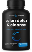 Detox & cleanse supplement bottle with black cap, labeled 28 vegan capsules