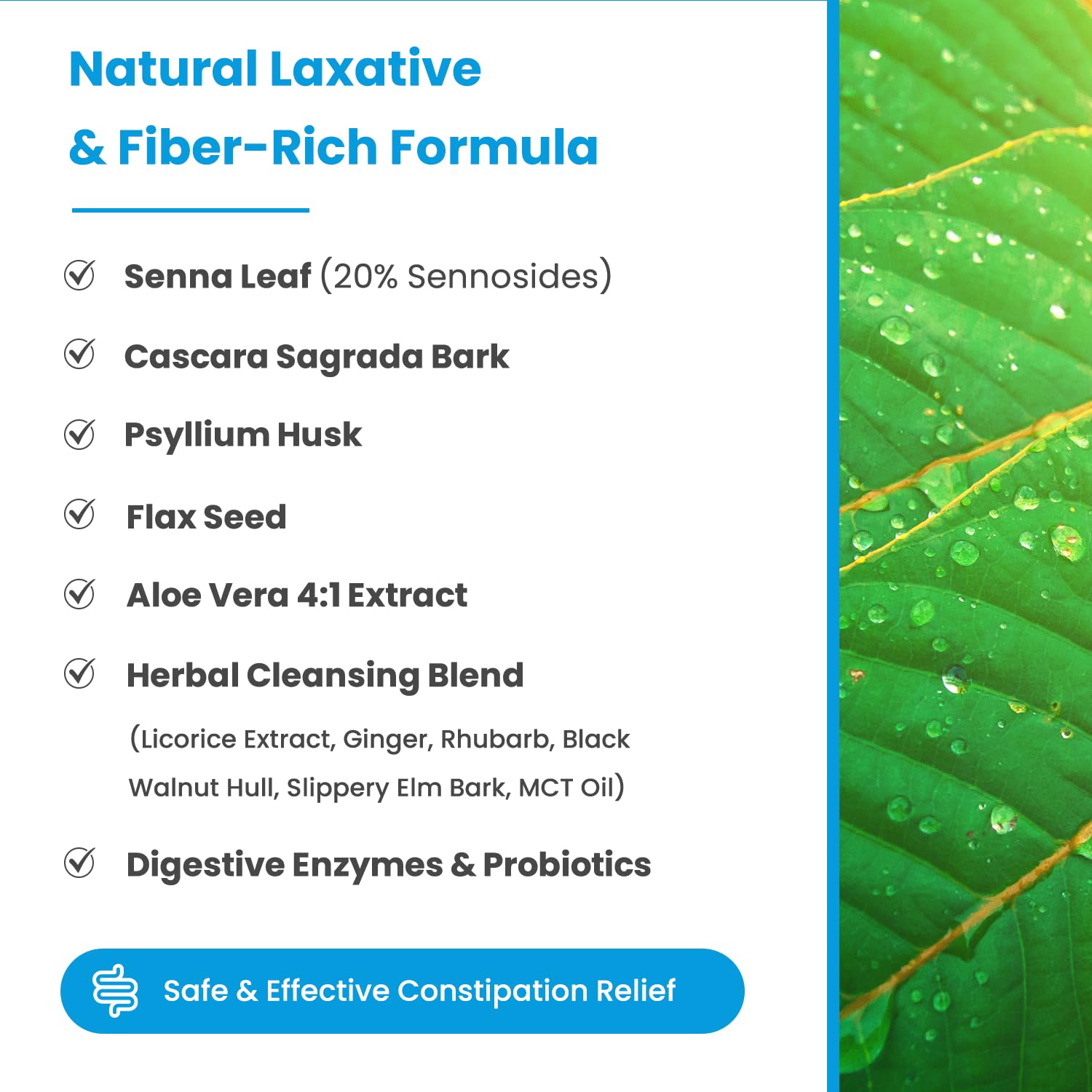 NutraChamps natural laxative ingredients list and leaf image highlighting colon cleanse detox capsules and fiber rich formula