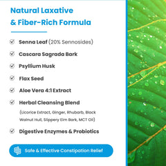 NutraChamps natural laxative ingredients list and leaf image highlighting colon cleanse detox capsules and fiber rich formula