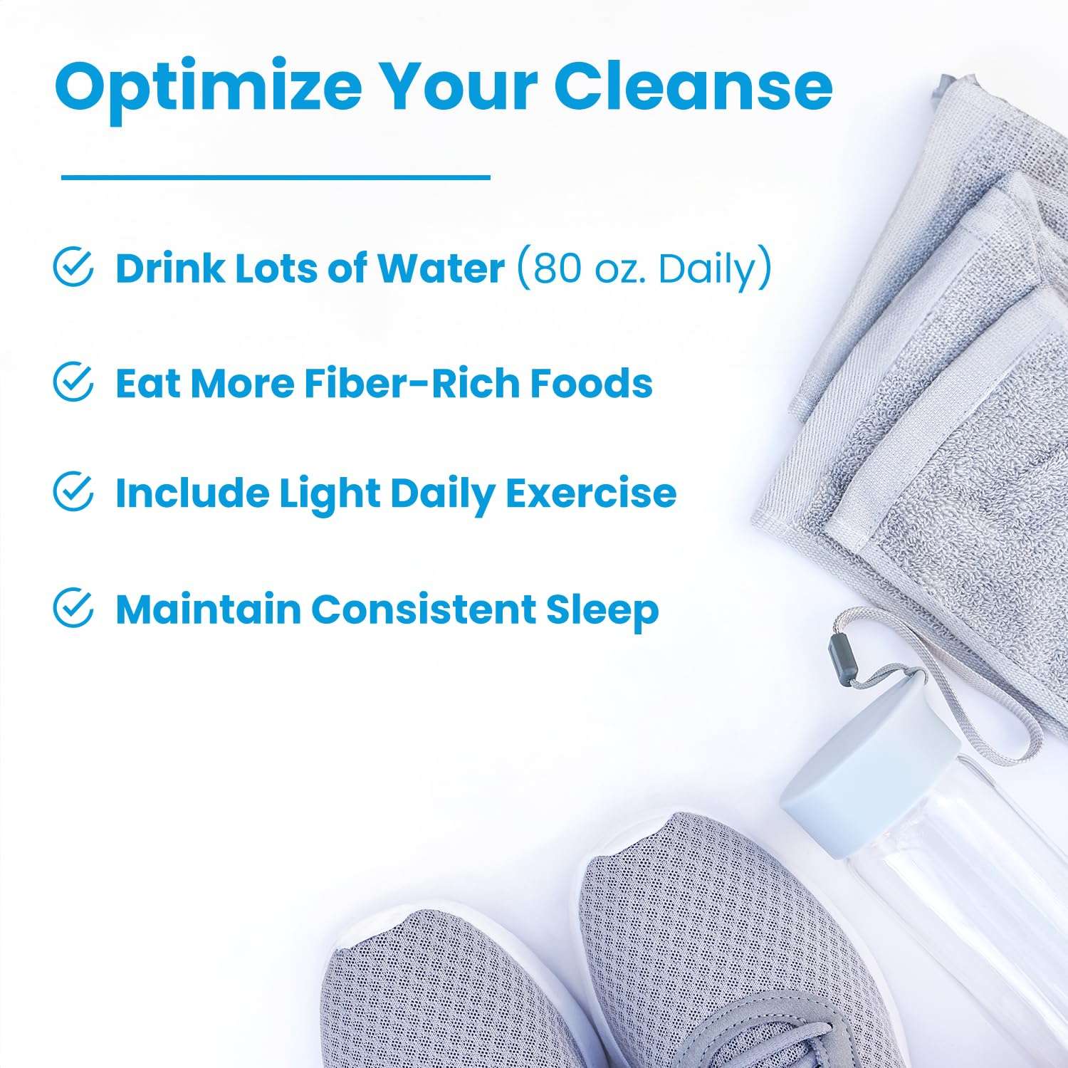 NutraChamps colon cleanse detox capsules infographic showing optimize your cleanse tips with water bottle shoes and towels