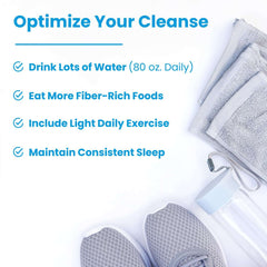 NutraChamps colon cleanse detox capsules infographic showing optimize your cleanse tips with water bottle shoes and towels