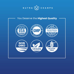 NutraChamps blue badge graphic displaying USA GMP lab tested non GMO vegan gluten free icons with colon cleanse detox capsules