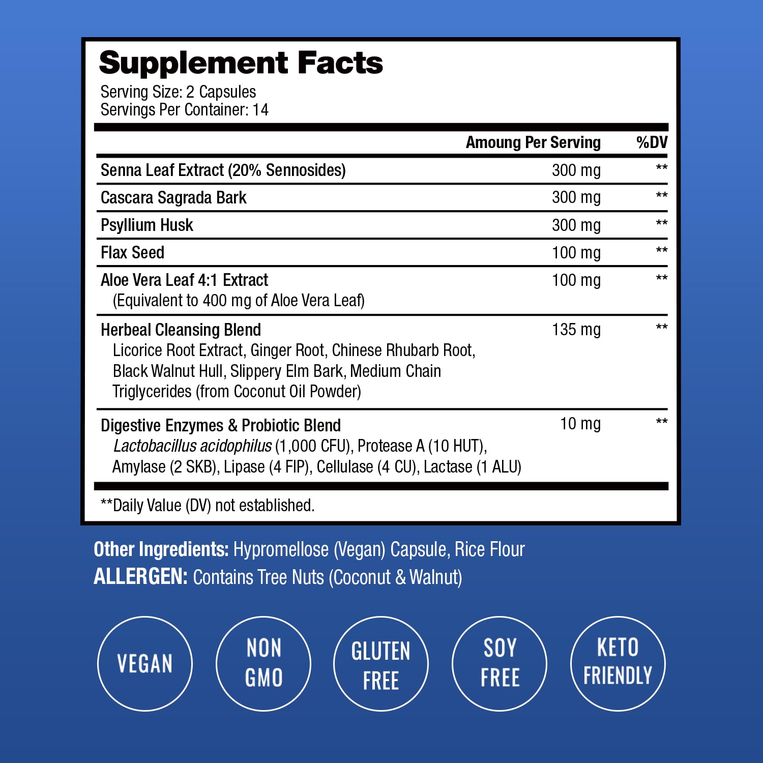 NutraChamps supplement facts label showing ingredients and vegan icons for colon cleanse detox capsules