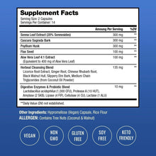 Supplement Facts panel for detox cleanse, listing senna, cascara, psyllium, aloe, probiotics