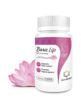Boric Life vaginal suppository bottle with purple label and pink orchid graphics