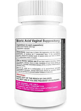 Boric Acid vaginal suppositories bottle back label with dosage and warning text