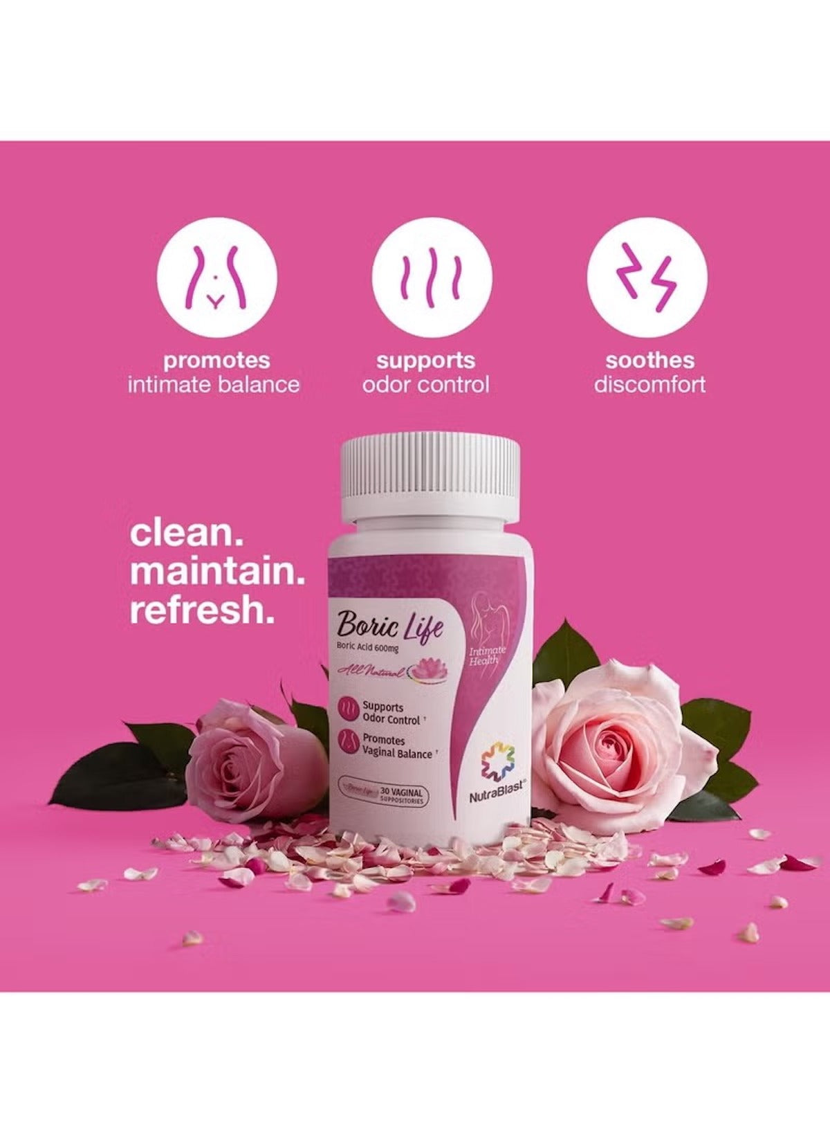 NutraBlast Boric Life Women's Health Supplements with boric acid vaginal suppositories for intimate balance and odor control