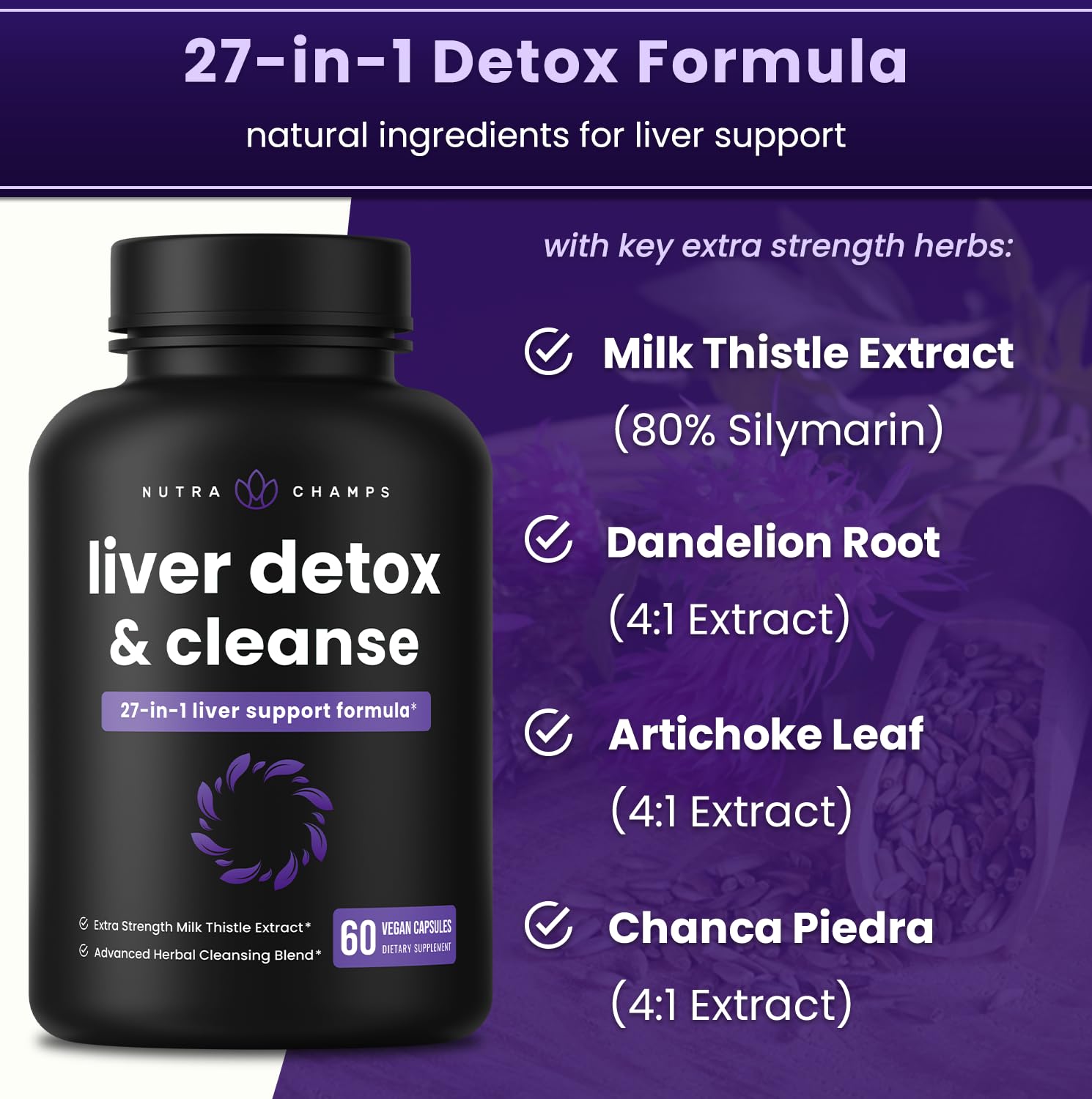 NutraChamps liver detox supplement UAE black bottle showing 27 in 1 detox formula with milk thistle and dandelion