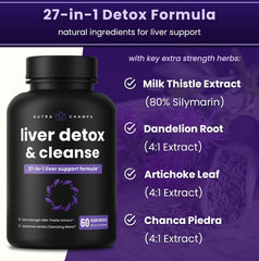 NutraChamps liver detox supplement UAE black bottle showing 27 in 1 detox formula with milk thistle and dandelion