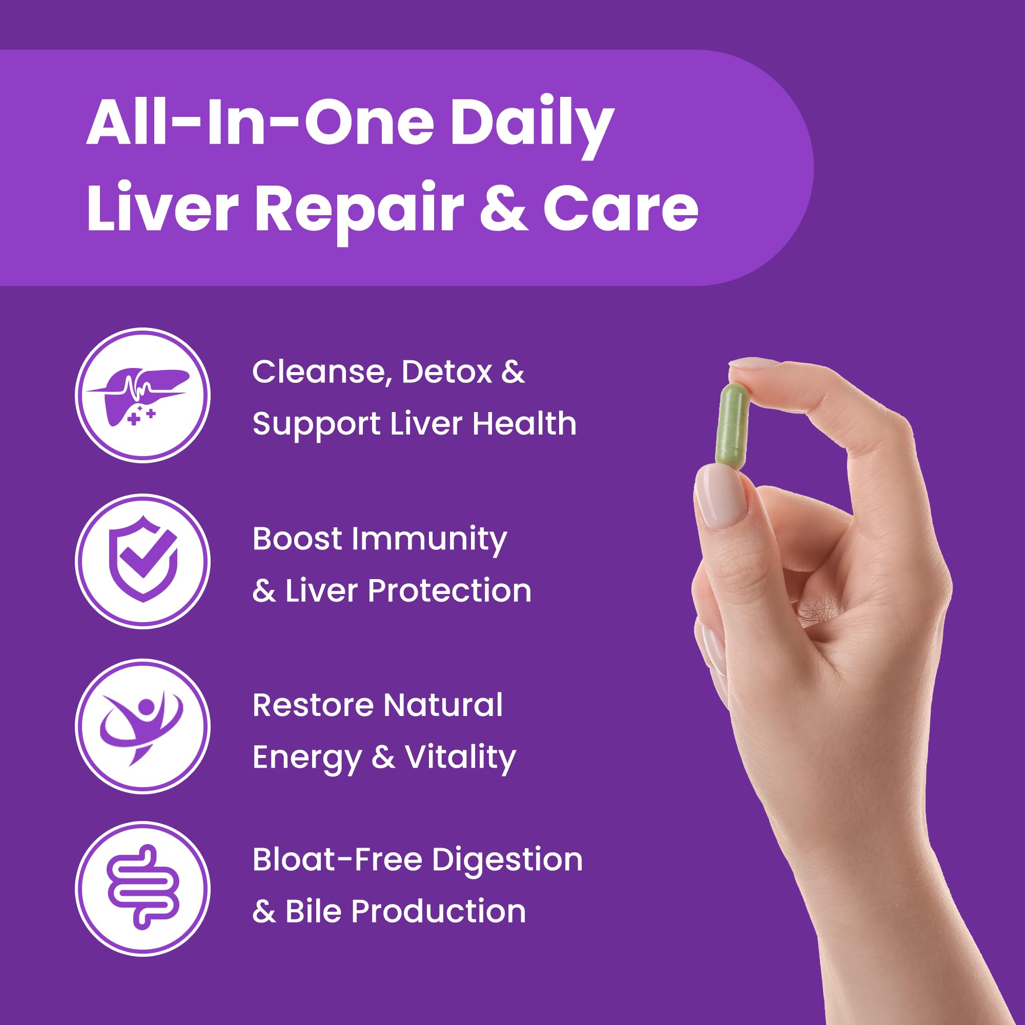 NutraChamps green capsule held by hand on purple background with benefits text for liver detox supplement UAE