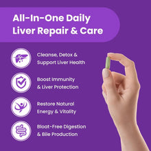 Liver repair supplement infographic with icons for cleanse, immunity, energy, and digestion